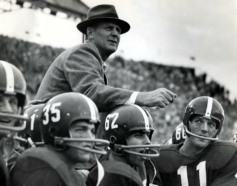 ESPN’s list of the 150 greatest college football coaches includes Paul “Bear” Bryant. Bryant is among 15 coaches on ESPN’s greatest 150 list who have a connection to Arkansas. Bryant is seen here at Alabama after a victory over Auburn.
(AP file photo)