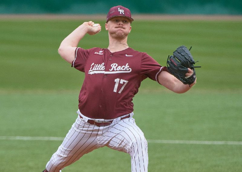 UALR’s Aaron Funk is seen pitching against Illinois State on Feb. 17. On March 1, Funk struck out the first eight batters he faced and fanned a total of 17 — a new single-game school record — in the first complete game of his college career as the Trojans beat North Alabama 2-1. 
(UALR athletics) 