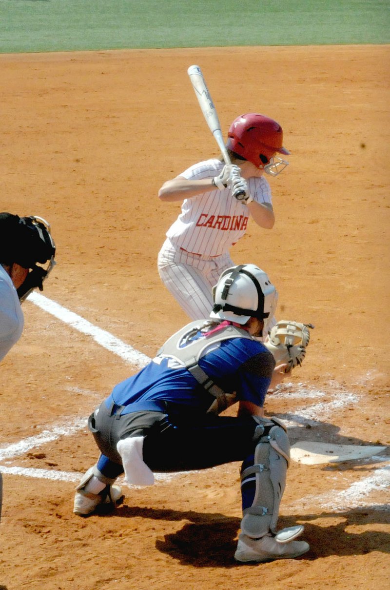 MARK HUMPHREY ENTERPRISE-LEADER Farmington's Shayley Treat, shown as a freshman, bats during the Lady Cardinals' 3-2 loss to Greenbrier in Saturday, May 19, 2018, 5A State championship game played at the Benton Sports Complex in Benton. Treat singled in this at-bat in the second inning.