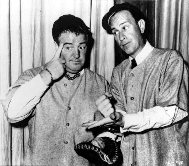 AP FILE PHOTO/In this undated handout photo, Bud Abbott, right, and his partner Lou Costello, do their famous baseball sketch. Abbott and Costello were among 13 inductees announced by Gov. Jon S. Corzine Monday, Feb. 2, 2009, to the New Jersey Hall of Fame.