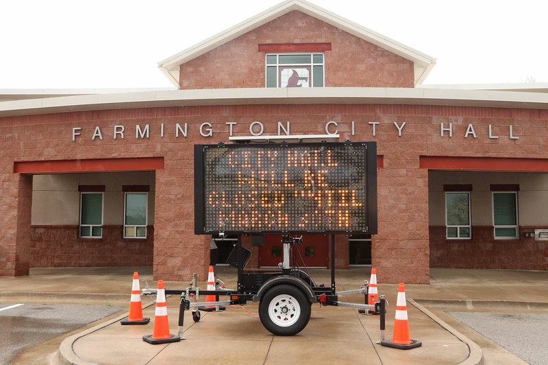 LYNN KUTTER ENTERPRISE-LEADER Farmington and Prairie Grove have closed their City Hall buildings as a precaution to protect their employees and the public. Prairie Grove also has closed its Water Department office. Employees will still be working and will be available through email and phone call.