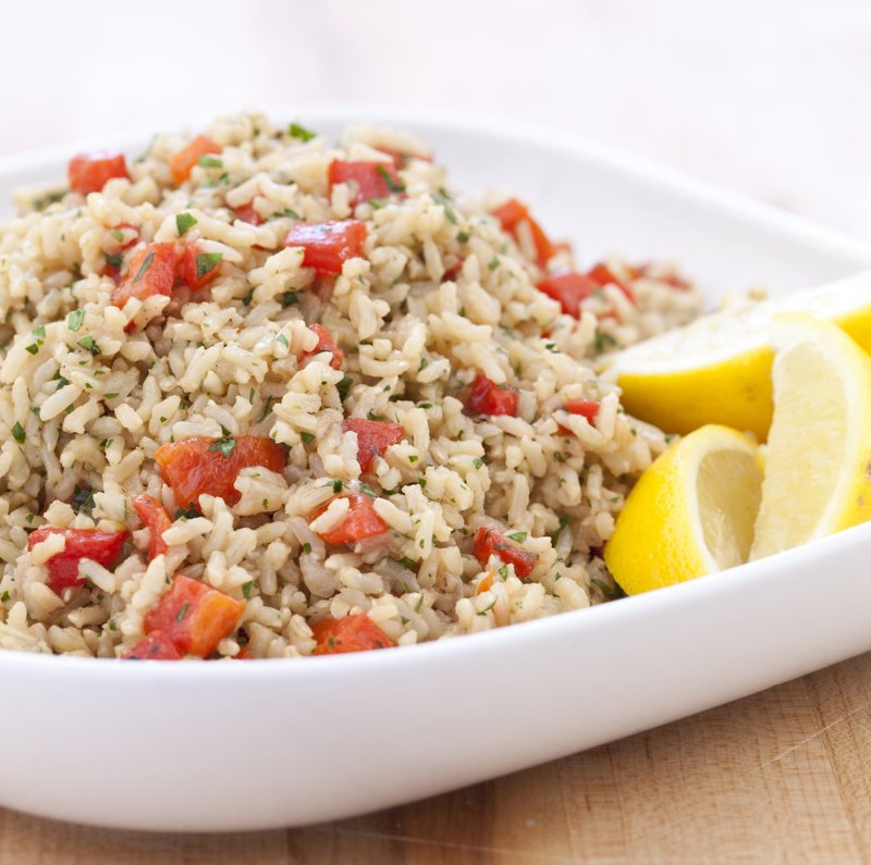 Baked Brown Rice With Roasted Red Peppers and Onions (Courtesy of America's Test Kitchen)