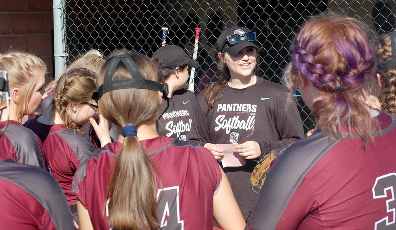 Graham Thomas/Herald-Leader Siloam Springs head softball coach Emily Grace Ruggeri talks to the Lady Panthers before their game against Huntsville on March 10 at La-Z-Boy Softball Complex.