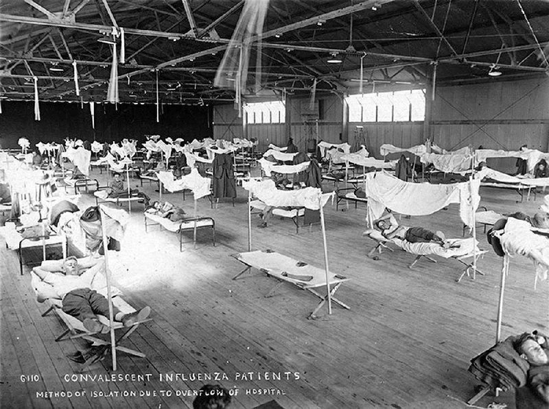 Soldiers convalesce from the flu in 1918 at Eberts Field in Lonoke in an overflow ward because the hospital was overwhelmed with patients suffering from what was called "Spanish influenza." (Courtesy Photo/Butler Center Research Services Division)
