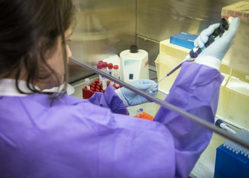 Dr. Jennifer Laudadio, director of molecular pathology, conducts a coronavirus test in the University of Arkansas for Medical Sciences labs using a screening sample in this Tuesday, March 24, 2020 file photo.
(Special to the Arkansas Democrat-Gazette)