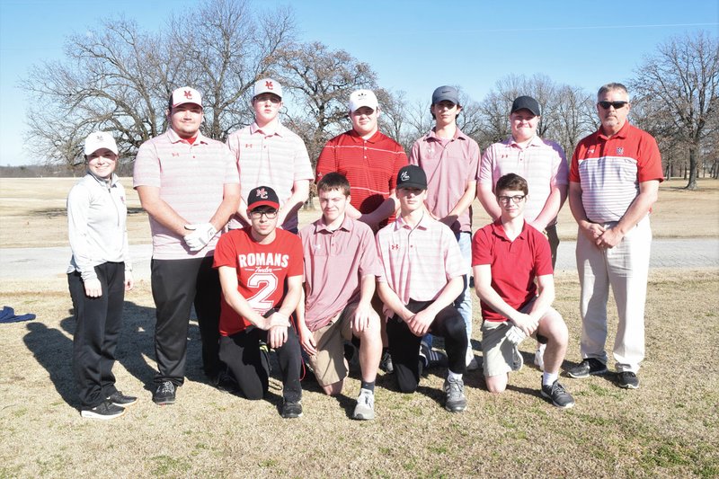RICK PECK/SPECIAL TO MCDONALD COUNTY PRESS The 2020 McDonald County High School golf team beginning with Garrett Anderson (front row, left), Jaxson Harrell, Sterling Woods and Jordan Meador; Lady Mustang golfer and assistant coach Lily Allman (back row, left), Sam Whitehill, Dayson Fickle, Zeke Boze, Wyatt Habert. Blake Harrell and coach Darryl Harbaugh.