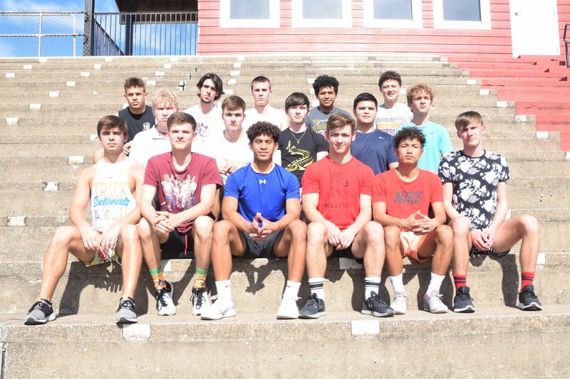 RICK PECK/SPECIAL TO MCDONALD COUNTY PRESS Senior members of the 2020 MCHS boys' track team are Corbin Jones (front row, left), John Howard, Junior Teriek, Jack Teague, Eh Doh Say and Joel Morris; Colliar Gottfried (middle, left), Dylan Allison, Orvil Pitts, Eric Munoz and Garrett Spears; Michael Williams (back, left), Elijah Habert, Cale Adamson, Arturo Garcia and Tyler Moritz.