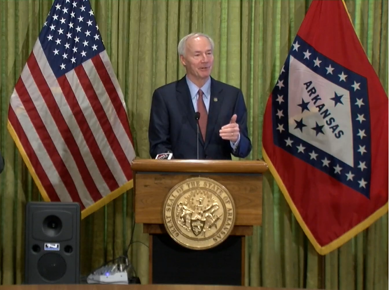 Gov. Asa Hutchinson speaks at a news conference on Thursday.