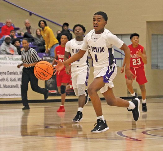 Siandhara Bonnet/News-Times El Dorado's Isaiah Ramey brings the ball up the court during the Wildcats’ game against Magnolia at Wildcat Arena back in January. An All-Conference selection, Ramey will be a key component for the Wildcats next year along with fellow All-Conference pick Jarmel Love, as well as David Ayree, who had a solid sophomore year.