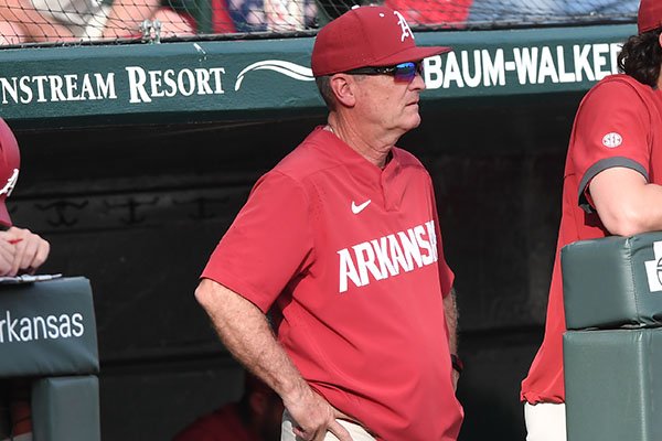 Arkansas coach Dave Van Horn is shown during a game against Grand Canyon on Wednesday, March 11, 2020, in Fayetteville. The Razorbacks won 10-9 to give Van Horn his 700th victory at the school.