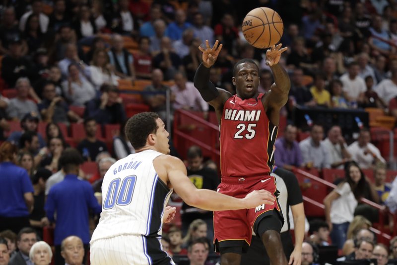 Miami Heat guard Kendrick Nunn (25) passes the ball past Orlando Magic forward Aaron Gordon (00) March 4 during the first half of a basketball game in Miami. - Photo by Wilfredo Lee of The Associated Press