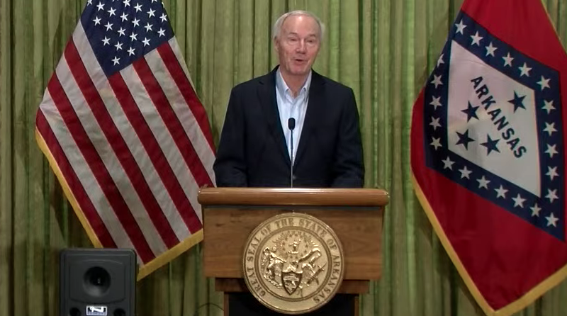Arkansas Gov. Asa Hutchinson speaks Saturday at the state Capitol in Little Rock in this screengrab of video provided by the governor's office. 