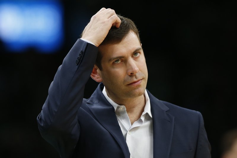Boston Celtics head coach Brad Stevens looks on during the fourth quarter of an NBA basketball game against the Utah Jazz, Friday, March 6, 2020, in Boston. (AP Photo/Winslow Townson)