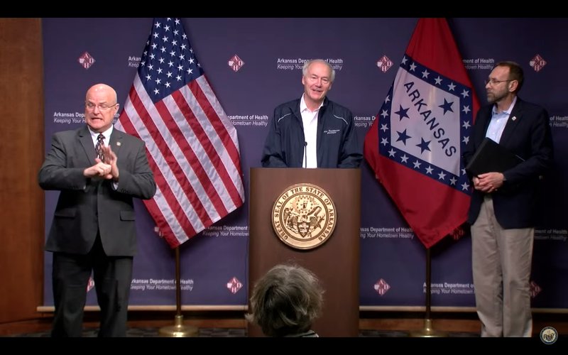 Gov. Asa Hutchinson updated the press on the state’s current situation with regards to the novel coronavirus (COVID-19) pandemic Sunday afternoon at the Arkansas Dept. of Health. Sec. of Health Dr. Nate Smith (right) joined him.