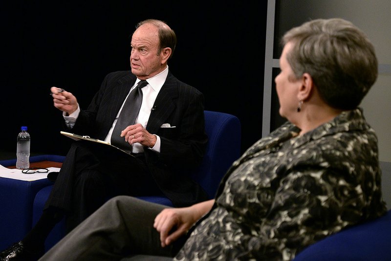 Host Steve Barnes (left) and Arkansas Business editor Gwen Moritz take part in the final taping of Arkansas Week on Friday. Arkansas PBS has shifted to fully remote work for the duration of the coronavirus pandemic. (Special to the Arkansas Democrat-Gazette)