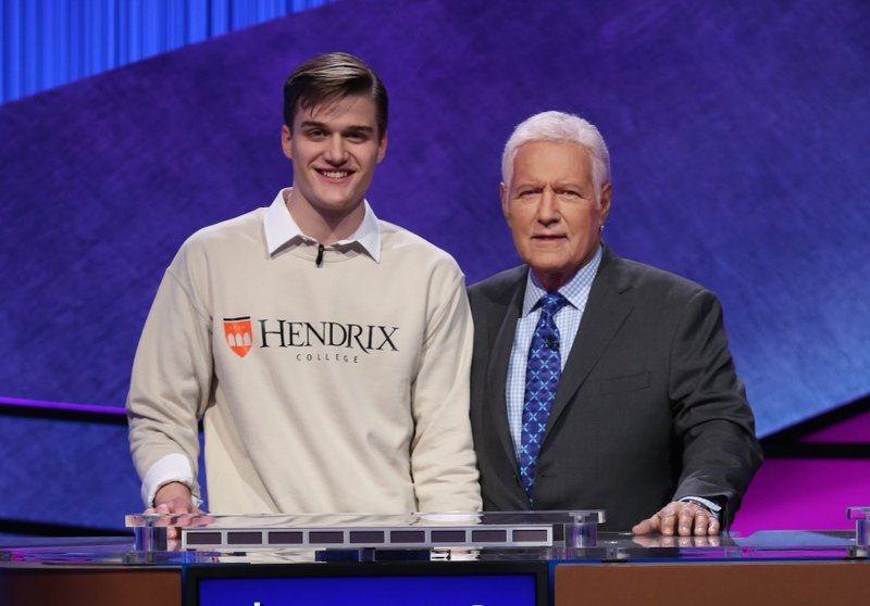 Hendrix College student Joe Coker (left), with Jeopardy! host Alex Trebek. Coker will appear on the Jeopardy! College Championship on April 9. (Photo courtesy Jeopardy Productions, Inc.)