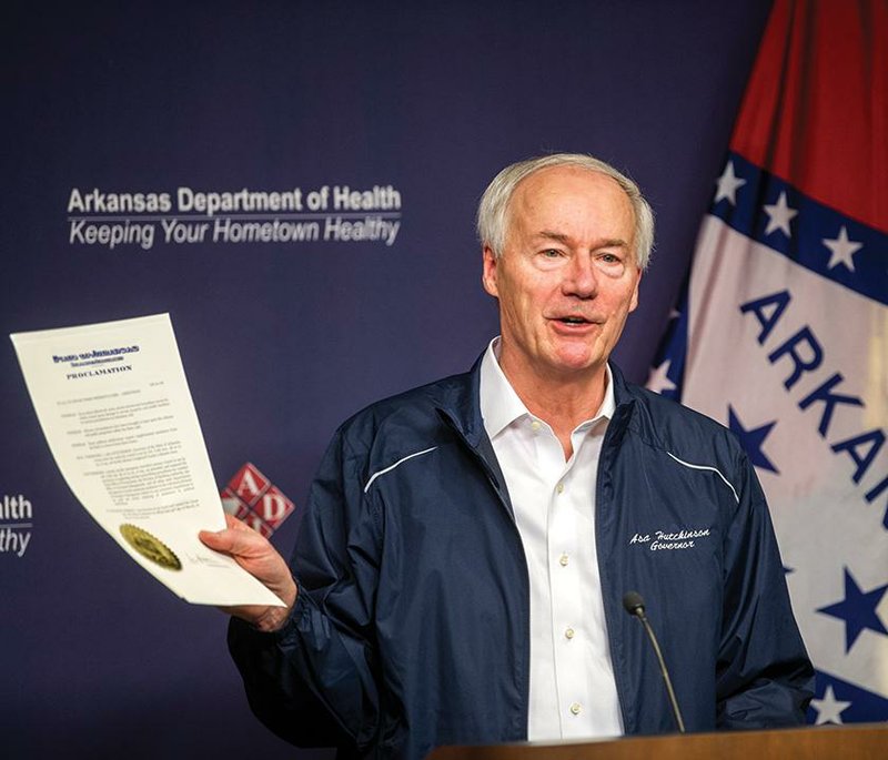 “We are encouraged that we aren’t accelerating as fast as some other parts of the country,” Gov. Asa Hutchinson said Sunday about the spread of the coronavirus. More photos at arkansasonline.com/330governor/. 
(Arkansas Democrat-Gazette/Stephen Swofford) 