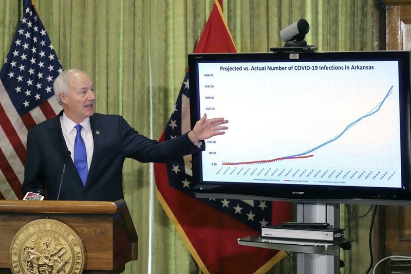 Gov. Asa Hutchinson points out corona virus infection numbers and projections Tuesday March 31, 2020 in Little Rock during a daily press conference about the corona virus in Arkansas. 
(Arkansas Democrat-Gazette/ John Sykes Jr.)