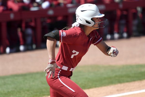 Arkansas' Sydney Parr runs to first base against Kentucky Sunday March 31, 2019 at Bogel Park in Fayetteville. Parr along with other spring sports athletes will get an extra year of eligibility in 2021 due to an NCAA ruling.