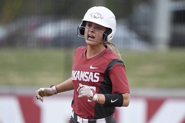 Arkansas' Sydney Parr advances to third base against Arkansas-Pine Bluff during an NCAA softball game on Tuesday, April 16, 2019 in Fayetteville. (AP Photo/Michael Woods)


