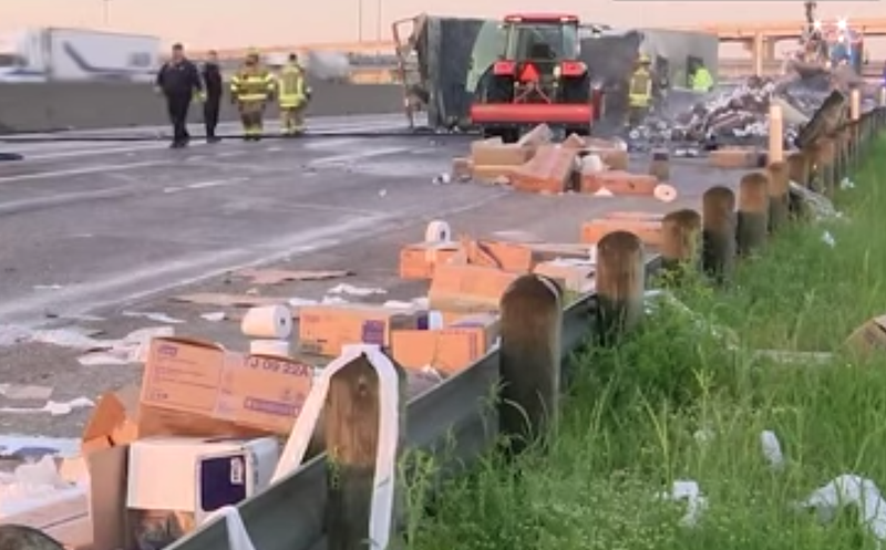 A video screenshot shows the aftermath of a tractor-trailer rig full of toilet paper that caught fire early Wednesday along I-20 near Dallas. - Photo by AP courtesy of KDFW-FOX 4 in Dallas. 