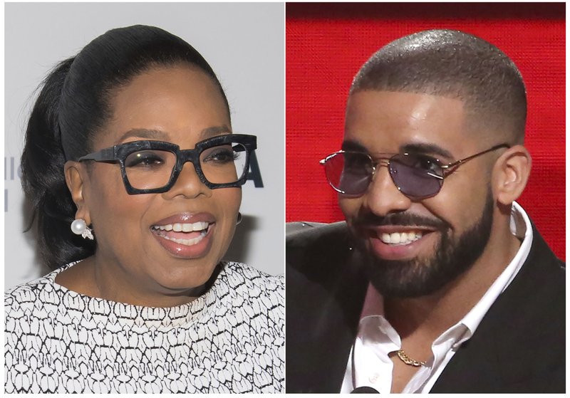 This combination photo shows Oprah Winfrey at The Museum of Modern Art's David Rockefeller Award Luncheon honoring Oprah Winfrey in New York on March 6, 2018, left, and Drake accepting the award for favorite album rap/hip-hop for &quot;Views&quot; at the American Music Awards in Los Angeles on Nov. 20, 2016. Lil Yachty, DaBaby and Drake's new rap song &#x201c;Oprah's Bank Account&quot; is one of Oprah's favorite things. When asked in an interview what she thought of the song, Winfrey exclaimed &#x201c;I love it. I love it. I loveeeeee it! Yes, I love it!&quot; (Photos by Charles Sykes, left, and Matt Sayles/Invision/AP)