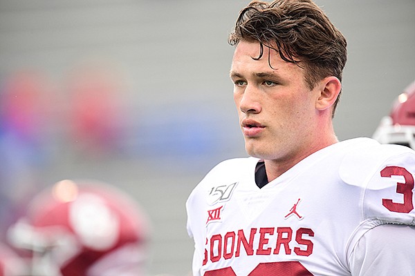 Oklahoma linebacker Levi Draper is shown prior to a game against Kansas on Saturday, Oct. 5, 2019, in Lawrence, Kan. 