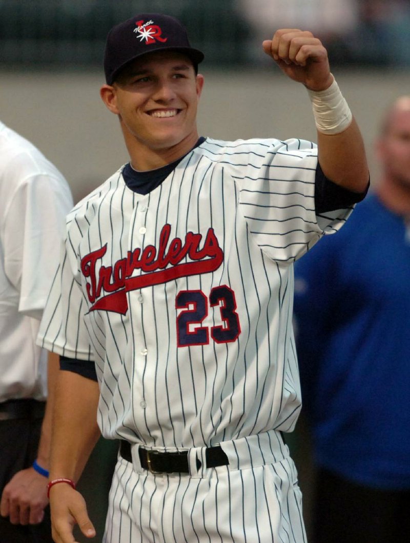 Mike Trout, seen here with the Arkansas Travelers in 2011, was the No. 1 prospect in the Los Angeles Angels’ system and No. 2 overall by Baseball America entering that season. Trout played 91 games with the Travs, batting .326 with 11 home runs, 38 RBI and 82 runs scored to help them win the Texas League North Division first-half championship.
(Arkansas Democrat-Gazette file photo)