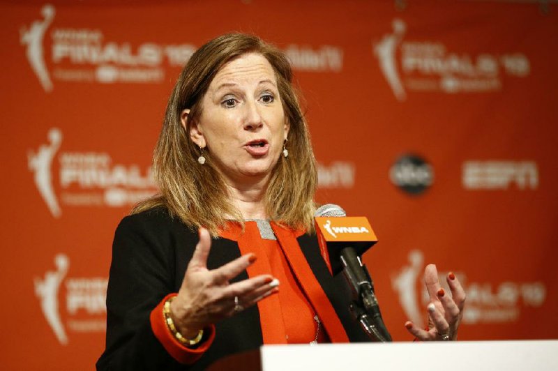 FILE - In this Sept. 29, 2019, file photo, WNBA Commissioner Cathy Engelbert speaks at a news conference before Game 1 of basketball's WNBA Finals between the Connecticut Sun and the Washington Mystics, in Washington. The WNBA draft will be a virtual event this year. The league announced Thursday, March 26, 2020, that its draft will still be held April 17 as originally scheduled, but without players, fans or media in attendance due to the coronavirus pandemic. 
 (AP Photo/Patrick Semansky, File)