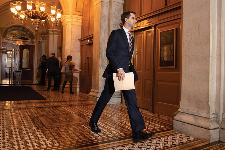 Sen. Tom Cotton, R-Ark., arrives on Capitol Hill in Washington on Jan. 31 for the impeachment trial of President Donald Trump on charges of abuse of power and obstruction of Congress. - AP Photo/ Jacquelyn Martin