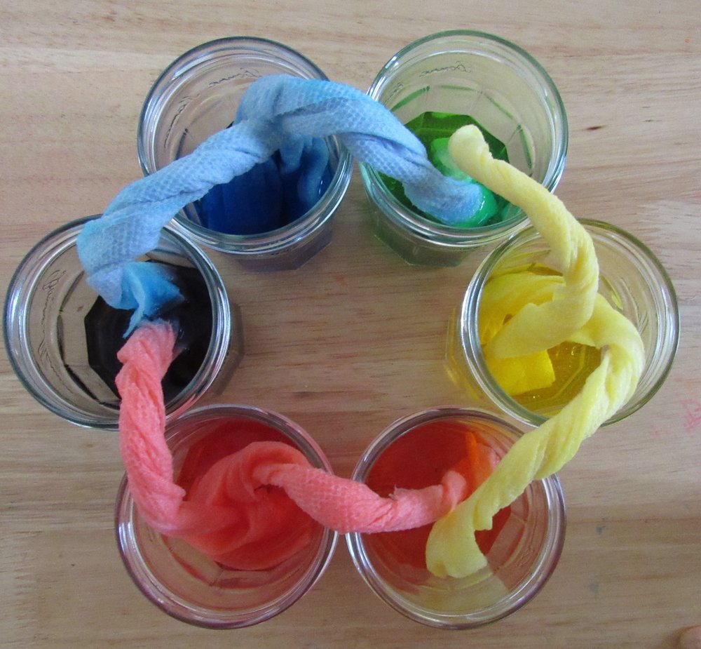 Twisted paper towels linking cups of water stained in primary colors change to complementary as water diffusing through the paper mingles in the mad scientists color wheel. This is a project to kids can make for entertainment during the covid-19 pandemic. (Special to the Democrat-Gazette/Kimberly Dishongh)