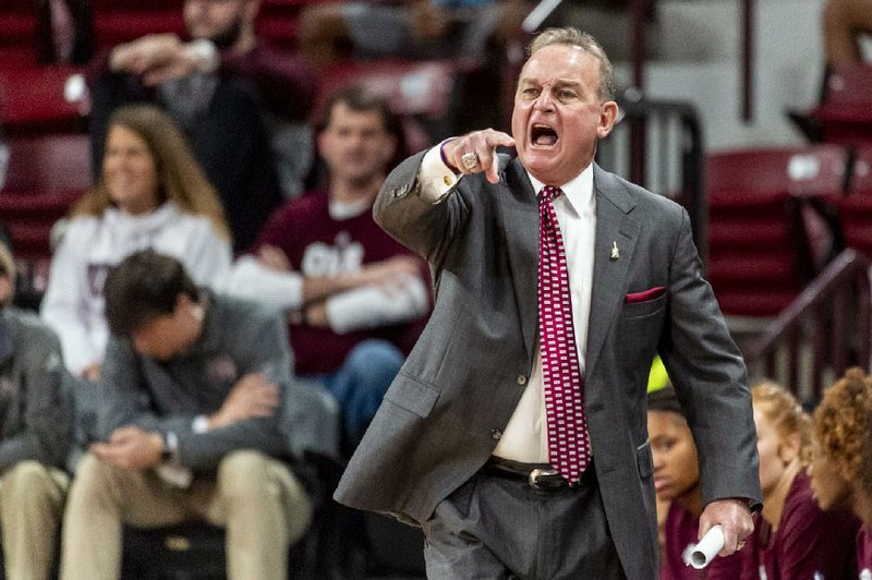 Mississippi State head coach Vic Schaefer yells at the refs during the first half of an NCAA college basketball game against West Virginia, Sunday, Dec. 8, 2019, in Starkville, Miss. (AP Photo/Vasha Hunt)