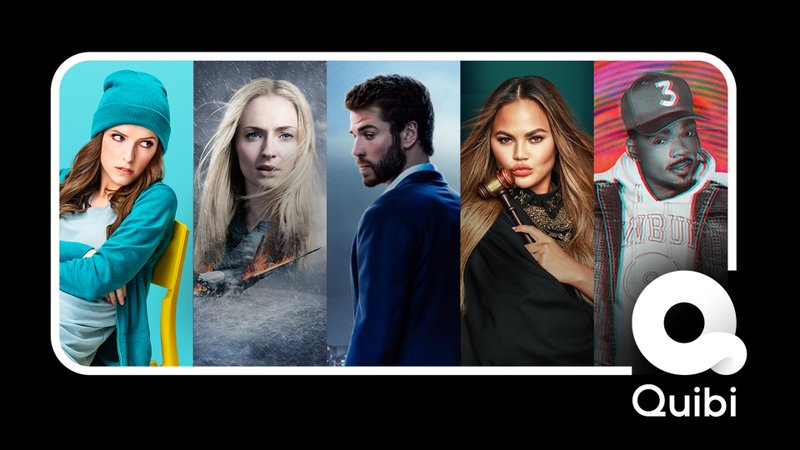 This composite released by Quibi shows a selection of images from programs offered on the new Quibi service, from left, Anna Kendrick from "Dummy," Sophie Turner, who stars in "Survive," Liam Hemsworth, who stars in "Most Dangerous Game," Chrissy Teigen in "Chrissy's Court" and Chance the Rapper in "Punk'd.". The media platform launches Monday with 175 new original shows -- everything from scripted series, comedic diversions, deep dramas and celebrity fluff. (Quibi via AP)