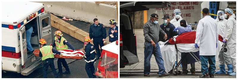 In this combination of photos, the flag-draped remains of a Sept. 11 victim are carried by New York firefighters during a recovery operation March 8, 2002, left, and at right, a body is unloaded from a refrigerated truck in New York during the coronavirus outbreak on March 31, 2020. New York City&#x2019;s death toll from the coronavirus officially eclipsed the number of those killed at the World Trade Center on 9/11, health officials said Tuesday, April 7, 2020. (AP Photos)