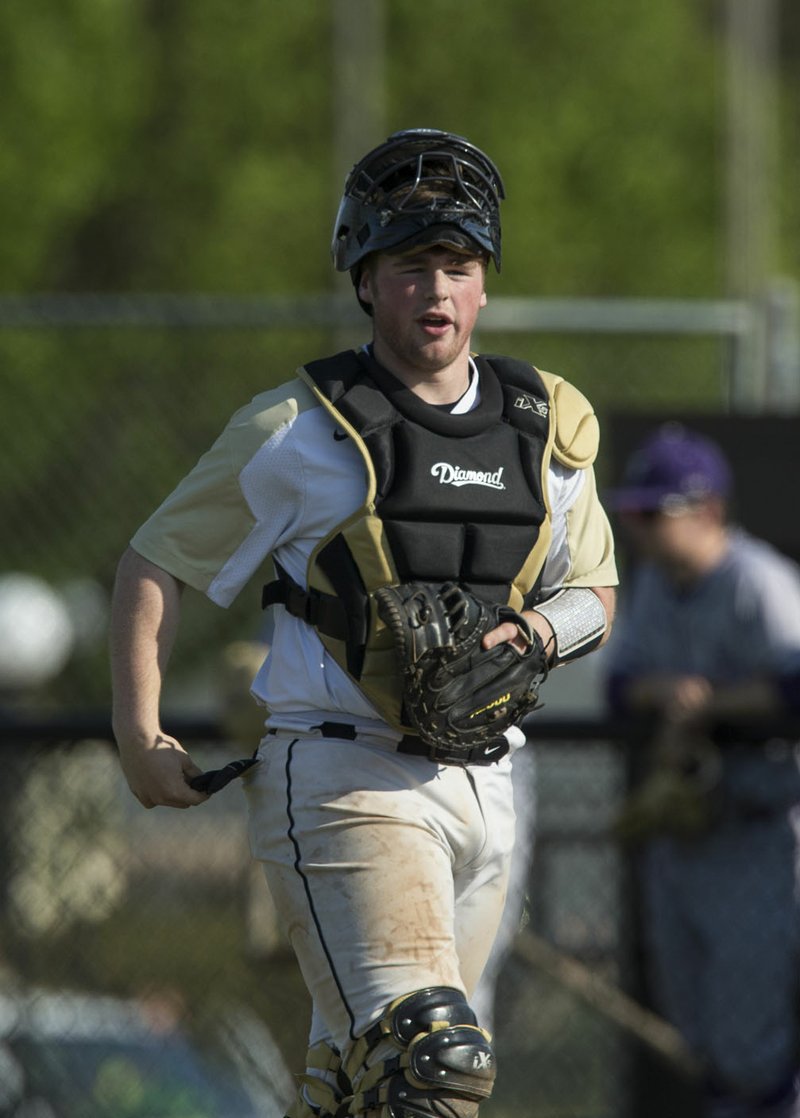 Bentonville High senior Sam Golden is likely headed to Central Missouri to play baseball as Arkansas Gov. Asa Hutchinson closed all schools in the state for the remainder of the school year because of the COVID-19 pandemic. The all-state catcher could have been a late-round pick the Major League Baseball First-Year Player Draft, but that's also been likely derailed with the draft being shortened from 40 rounds to at most 10 and possible five. - Photo by Ben Goff of NWA Democrat-Gazette