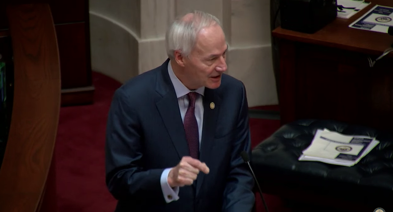Arkansas Gov. Asa Hutchinson speaks during his State of the State address in Little Rock on Wednesday in this screen grab of video provided by the governor's office. 