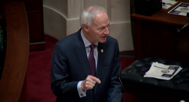 Arkansas Gov. Asa Hutchinson speaks during his State of the State address in Little Rock on Wednesday in this screen grab of video provided by the governor's office. story.lead_photo.caption