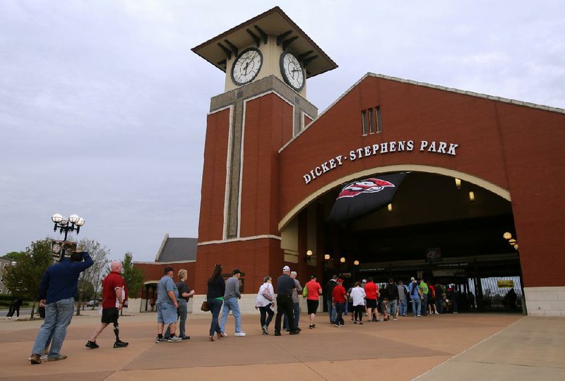 Fans file into North Little Rock’s Dickey-Stephens Park for the Arkansas Travelers’ home-opening game last April.
(Arkansas Democrat-Gazette/Thomas Metthe)