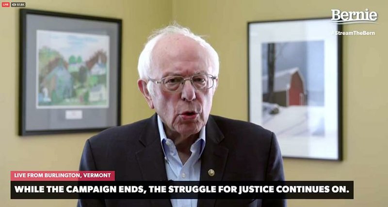 Sen. Bernie Sanders announces the end of his Democratic presidential campaign Wednesday in a livestream broadcast from his home in Burlington, Vt. He pledged to support rival Joe Biden, calling him “a very decent man.”
(The New York Times/via campaign video frame grab)