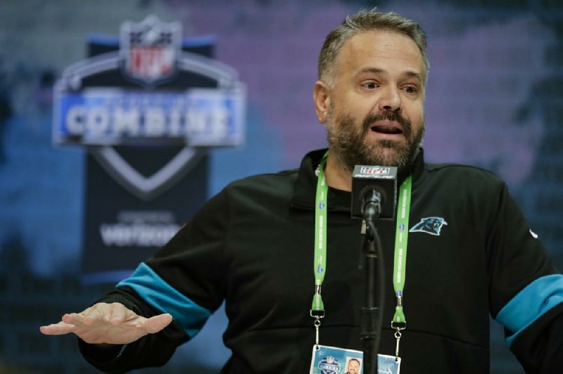Carolina Panthers Coach Matt Rhule, shown speaking during the NFL Scouting Combine in February, said new quarterback Teddy Bridgewater’s familiarity with the offense made him the “right fit” and ultimately led to Cam Newton’s release.
(AP/Michael Conroy)