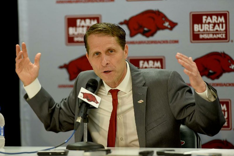 NWA Democrat-Gazette/DAVID GOTTSCHALK Eric Musselman speaks at a press conference after his introduction as the new head coach of men's basketball at the University of Arkansas by Athletic Director Hunter Yurachek Monday, April 8, 2019 in Bud Walton Arena on the campus in Fayetteville. During the previous four seasons, Musselman coached the University of Nevada in Reno to a 110-34 record.
