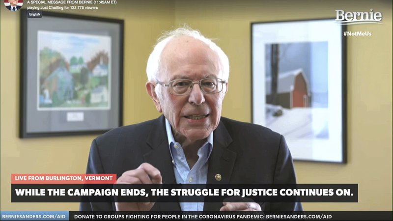 This image from video provided by the Bernie Sanders presidential campaign shows Sen. Bernie Sanders, I-Vt., as he announces he is ending his presidential campaign Wednesday, April 8, 2020, in Burlington, Vt. (Bernie Sanders for President via AP)