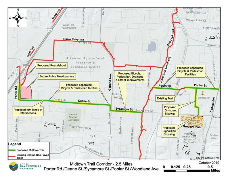 The proposed route and features of the Midtown Trial in Fayetteville are shown. (Courtesy/City of Fayetteville)