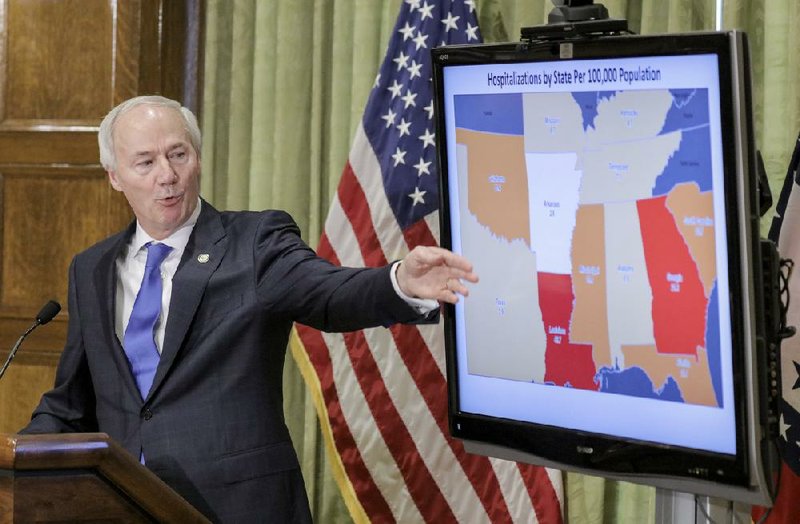 Gov. Asa Hutchinson refers to a graphic Thursday during his regular briefing showing the number of patients hospitalized with covid-19 in Arkansas compared with surrounding states. He cited Arkansas’ numbers as yet more evidence that his restrictions and Arkansans’ compliance with public health recommendations are working. More photos at arkansasonline.com/410covid/.
(Arkansas Democrat-Gazette/John Sykes Jr.)
