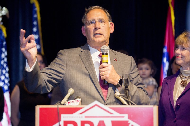 Sen. John Boozman speaks to the crowd of supporters at his victory party on Tuesday, Nov. 8, 2016 in Little Rock, Ark. (AP Photo/ Gareth Patterson)