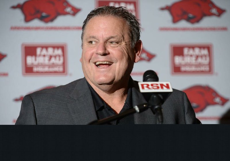 Arkansas coach Sam Pittman speaks Wednesday, Feb. 5, 2020, about the Razorbacks' signees with members of the media inside the Fred W. Smith Football Center on the university campus in Fayetteville. Visit nwaonline.com/200206Daily/ for today's photo gallery.
(NWA Democrat-Gazette/Andy Shupe)