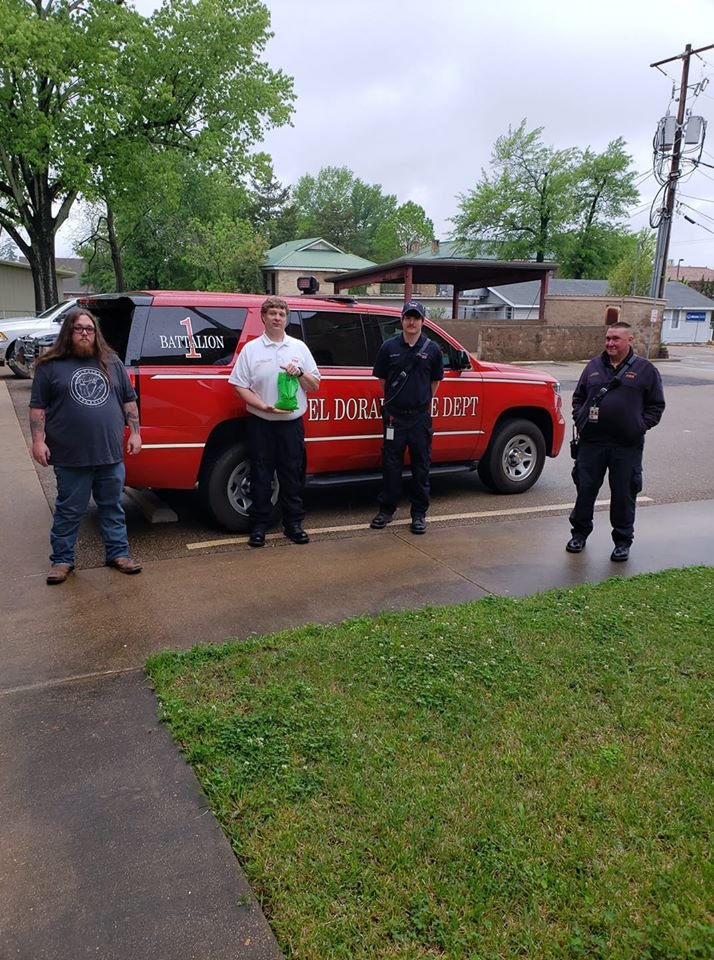 On April 4, Lance Jett, left, manager at Drippers Vape Shop made a delivery of some of the store’s hand sanitizer to the El Dorado Fire Department. Pictured from left to right are Jett, Assistant Fire Chief Seth Rainwater, Lt. Trey Sewell and Capt. Joseph Perry.
