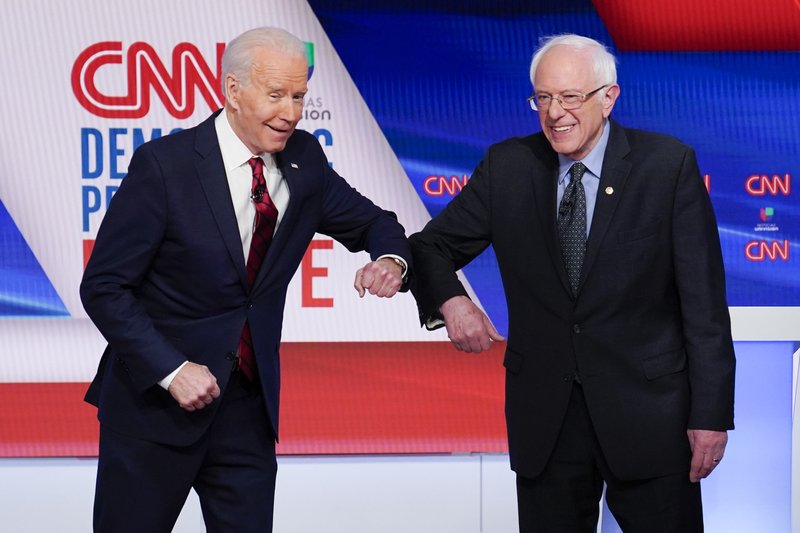 Sen. Bernie Sanders (right), I-Vt., endorsed former Vice President Joe Biden for president on Mon- day, less than a month after they met to debate at CNN Studios in Washington. (AP/Evan Vucci) 