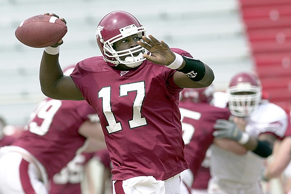 Arkansas quarterback Tarvaris Jackson throws a pass during a scrimmage Saturday, April 13, 2002, in Fayetteville. 