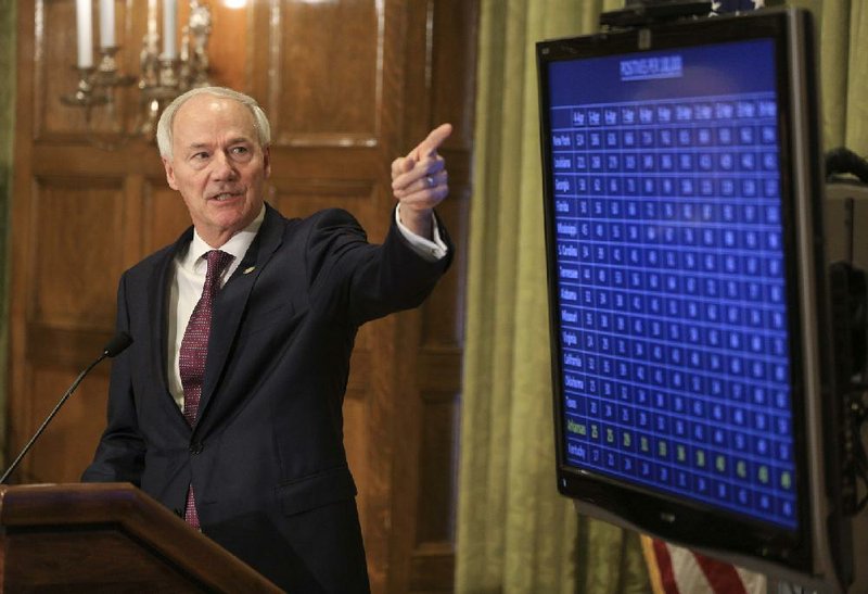 Gov. Asa Hutchinson talks Tuesday April 13, 2020 at the state Capitol in Little Rock during his daily update about the corona virus in Arkansas. See more photos at arkansasonline.com/415governor/. (Arkansas Democrat-Gazette/Staton Breidenthal)